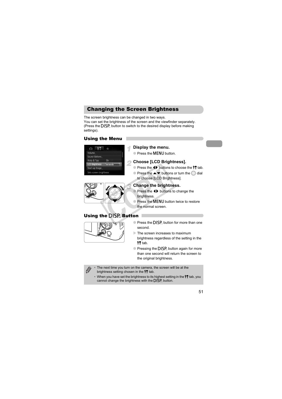 Changing the screen brightness, Cop y | Canon PowerShot SX30 IS User Manual | Page 51 / 196
