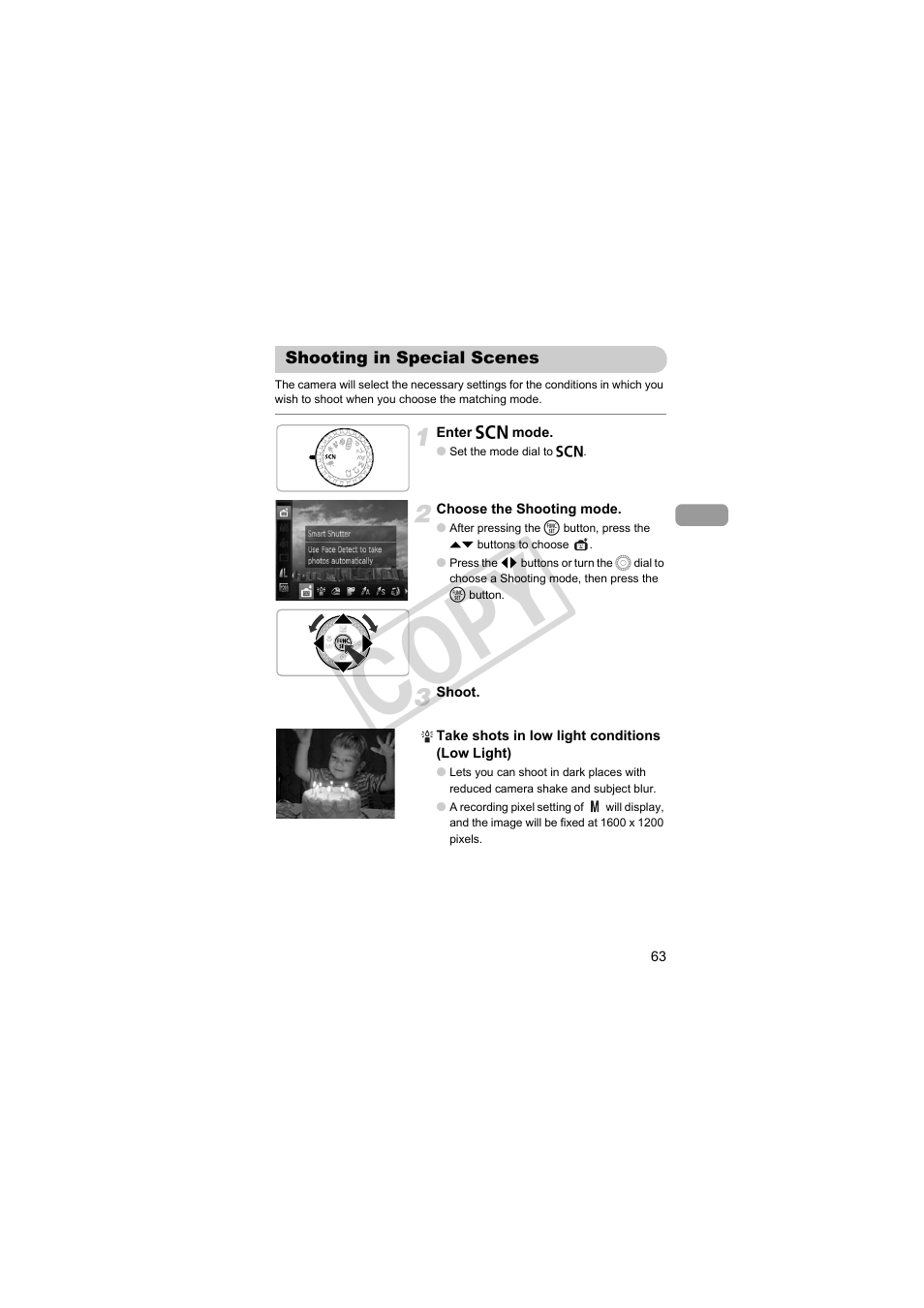 P. 63, Shooting in special scenes, Cop y | Canon PowerShot SX30 IS User Manual | Page 63 / 196