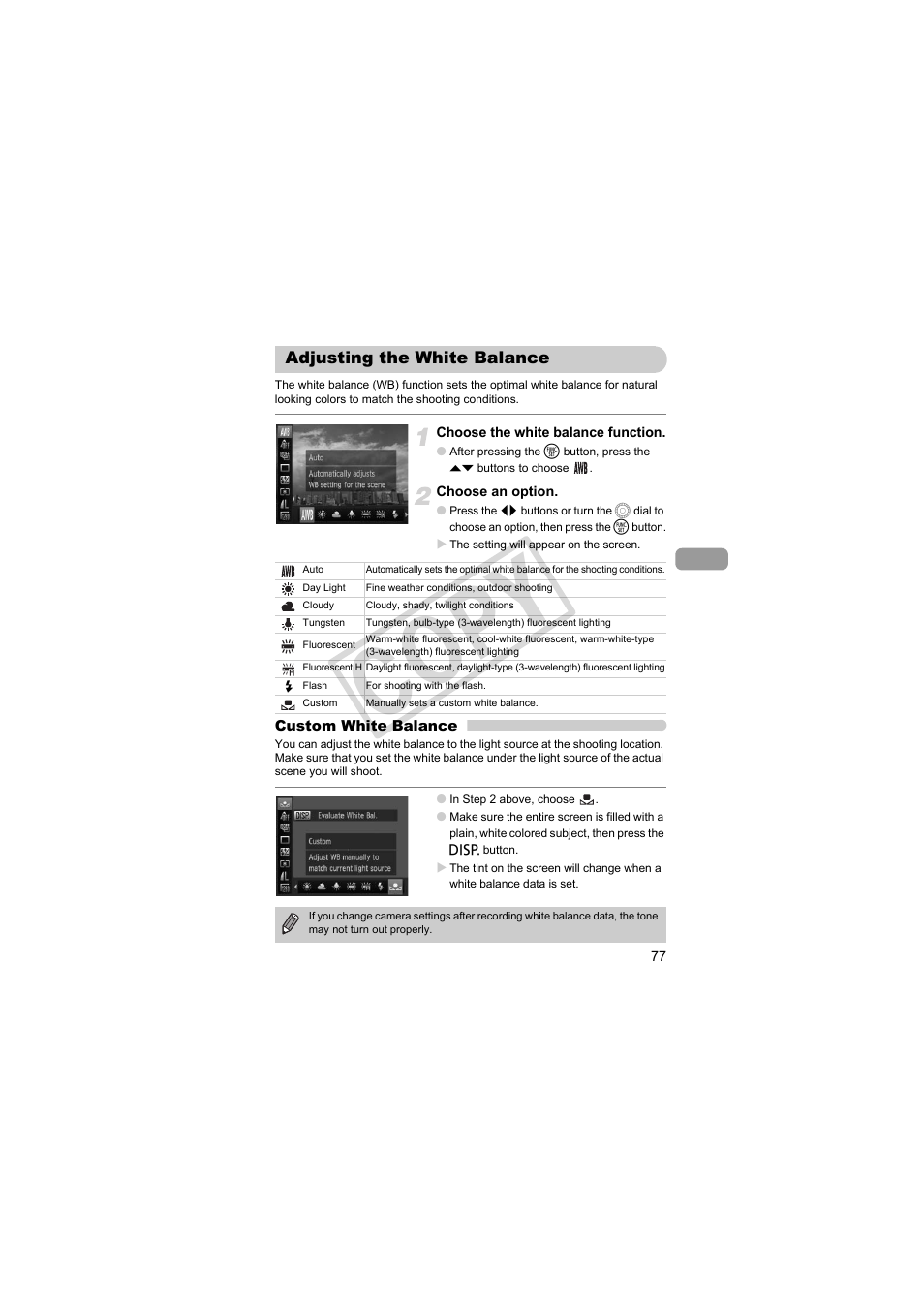 Adjusting the white balance, Cop y | Canon PowerShot SX30 IS User Manual | Page 77 / 196