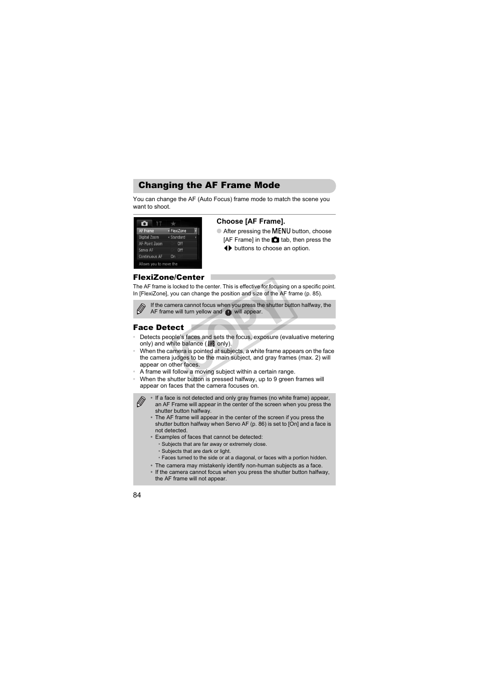 Changing the af frame mode, Cop y | Canon PowerShot SX30 IS User Manual | Page 84 / 196