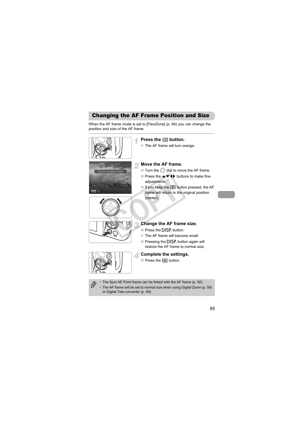 Changing the af frame position and size, Cop y | Canon PowerShot SX30 IS User Manual | Page 85 / 196