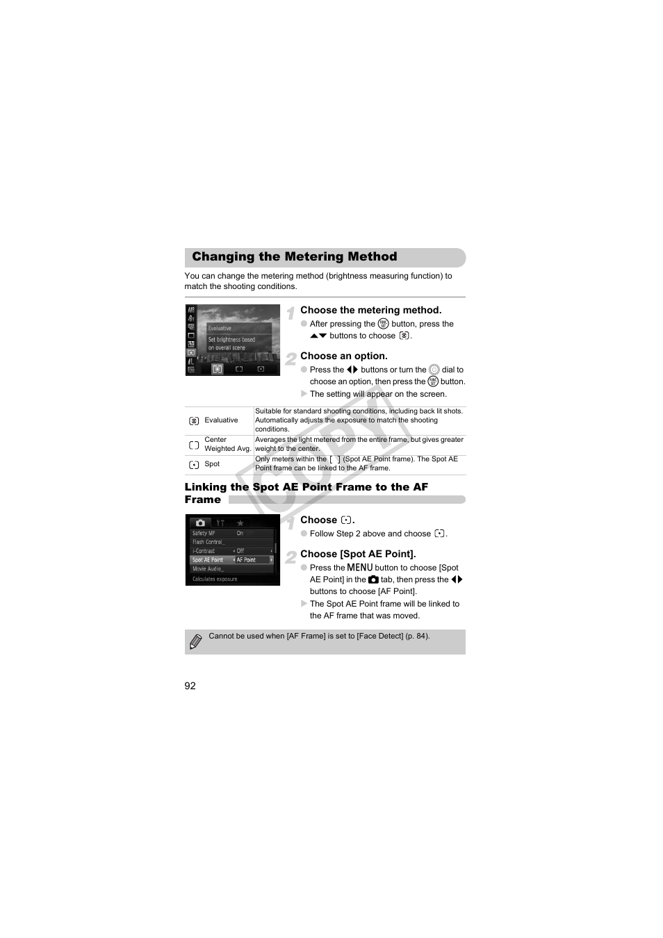 Changing the metering method, Cop y | Canon PowerShot SX30 IS User Manual | Page 92 / 196