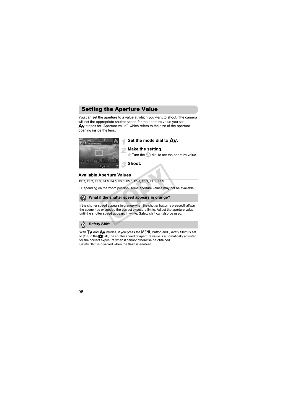Setting the aperture value, Cop y | Canon PowerShot SX30 IS User Manual | Page 96 / 196