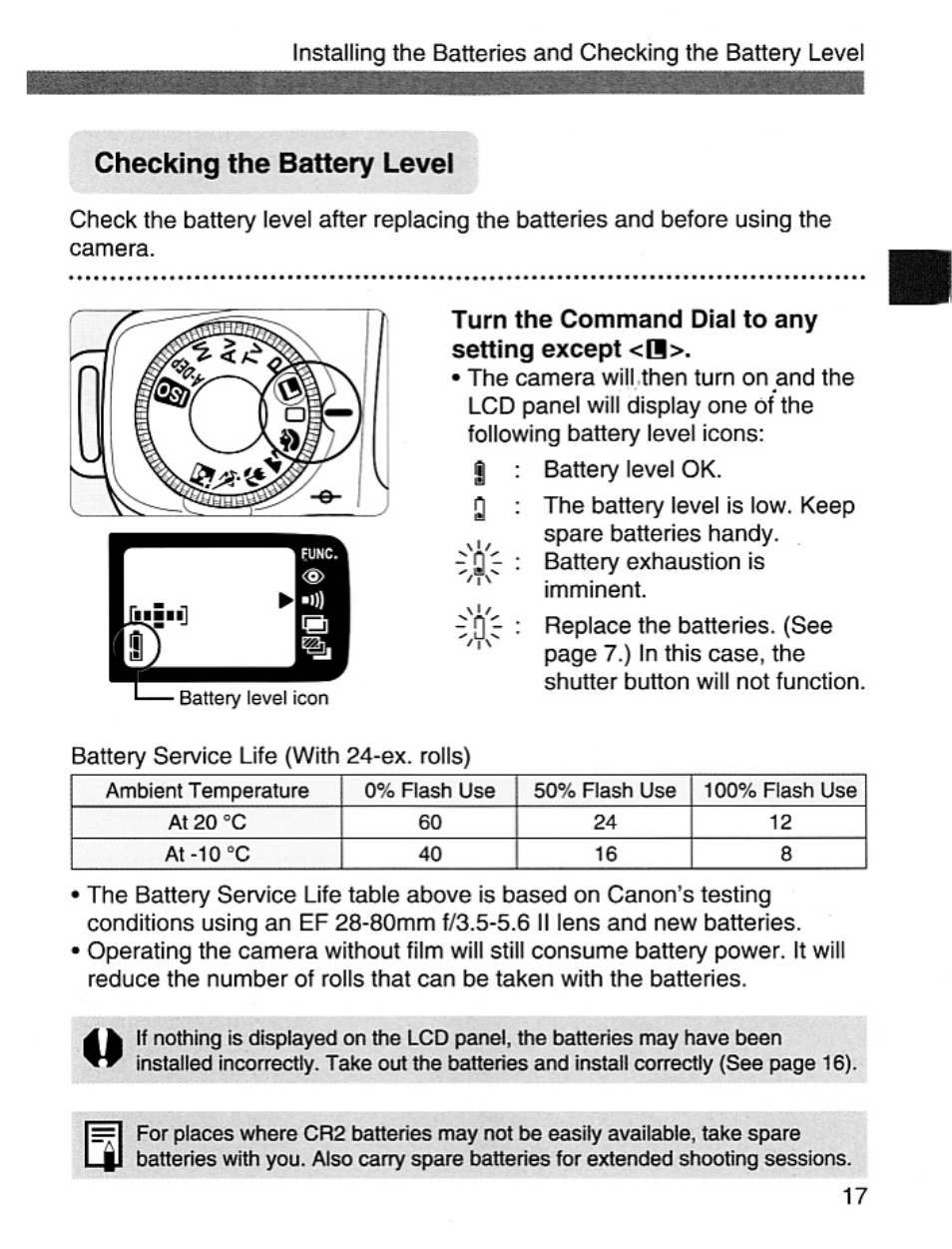 Checking the battery level | Canon EOS Rebel 2000 User Manual | Page 17 / 76