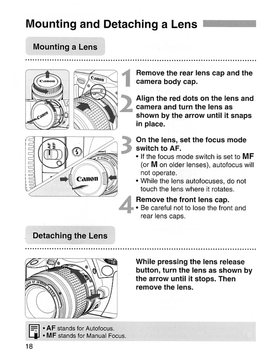 Mounting and detaching a lens | Canon EOS Rebel 2000 User Manual | Page 18 / 76