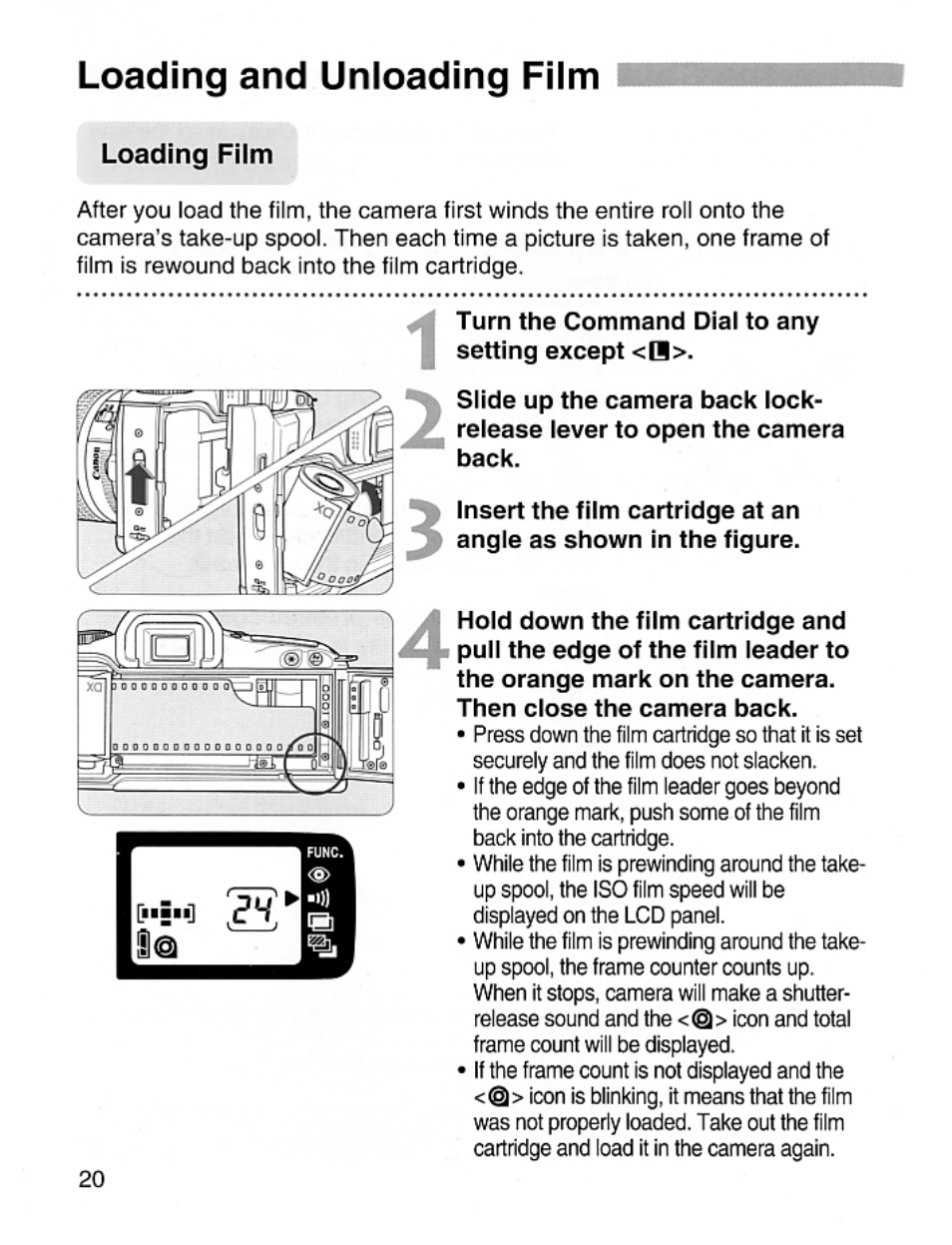 Loading film, Loading and unloading film | Canon EOS Rebel 2000 User Manual | Page 20 / 76