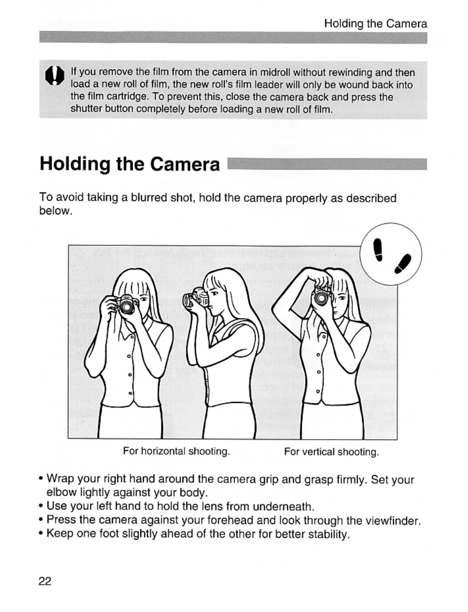 Holding the camera | Canon EOS Rebel 2000 User Manual | Page 22 / 76