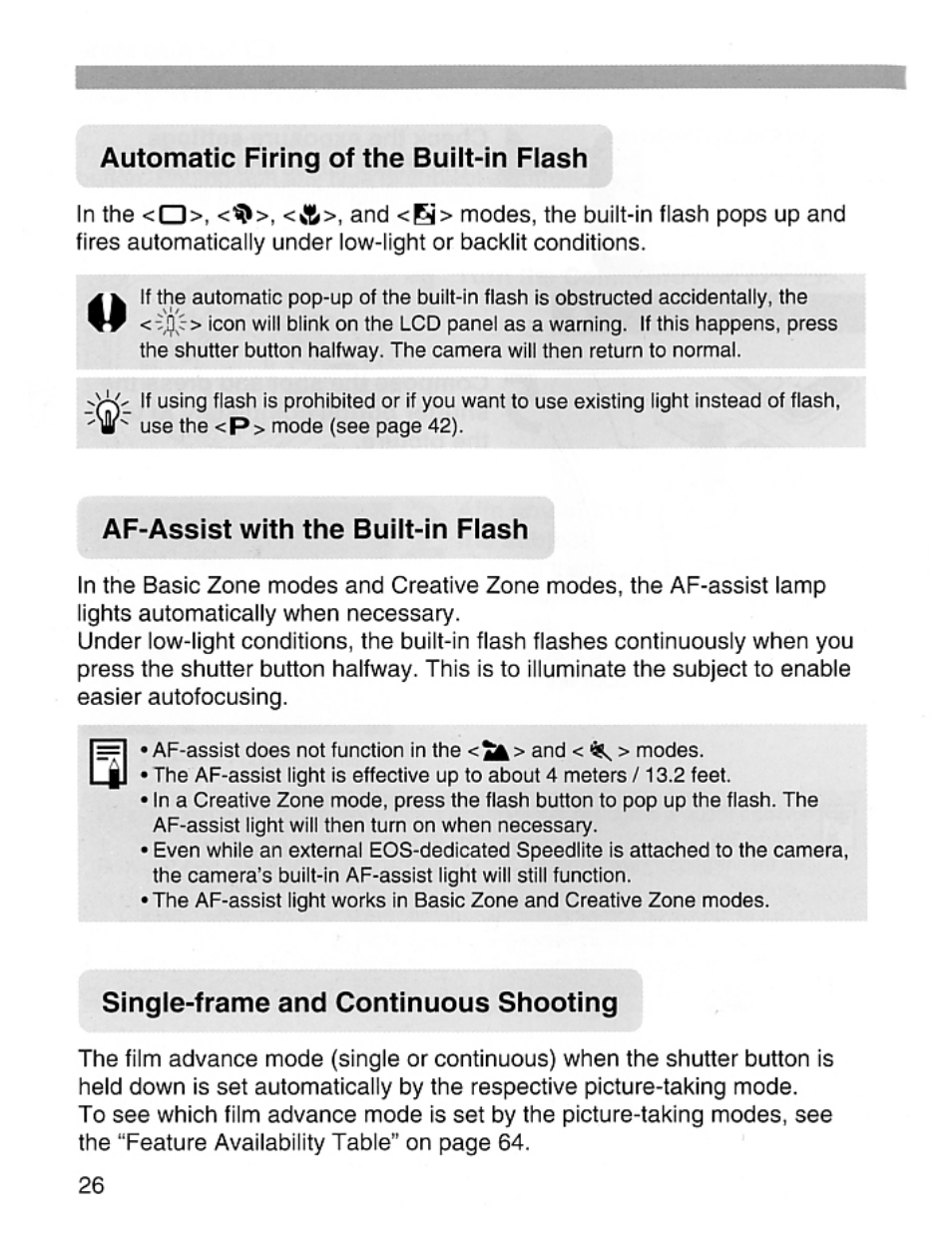 Af-assist with the built-in flash, Single-frame and continuous shooting | Canon EOS Rebel 2000 User Manual | Page 26 / 76