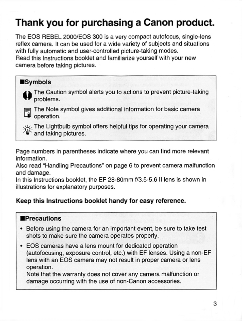 Thank you for purchasing a canon product, Symbols | Canon EOS Rebel 2000 User Manual | Page 3 / 76