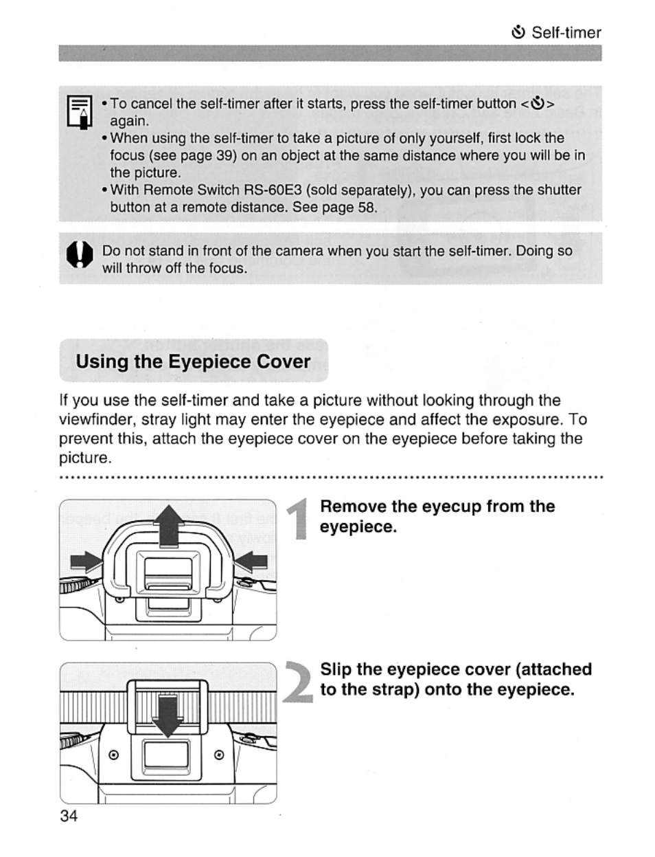 Using the eyepiece cover | Canon EOS Rebel 2000 User Manual | Page 34 / 76