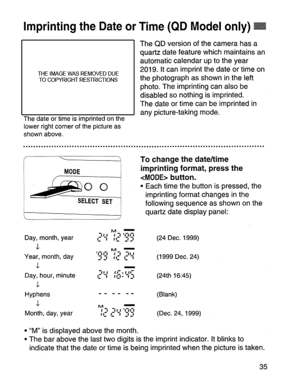 Imprinting the date or time (qd model only), Mode | Canon EOS Rebel 2000 User Manual | Page 35 / 76