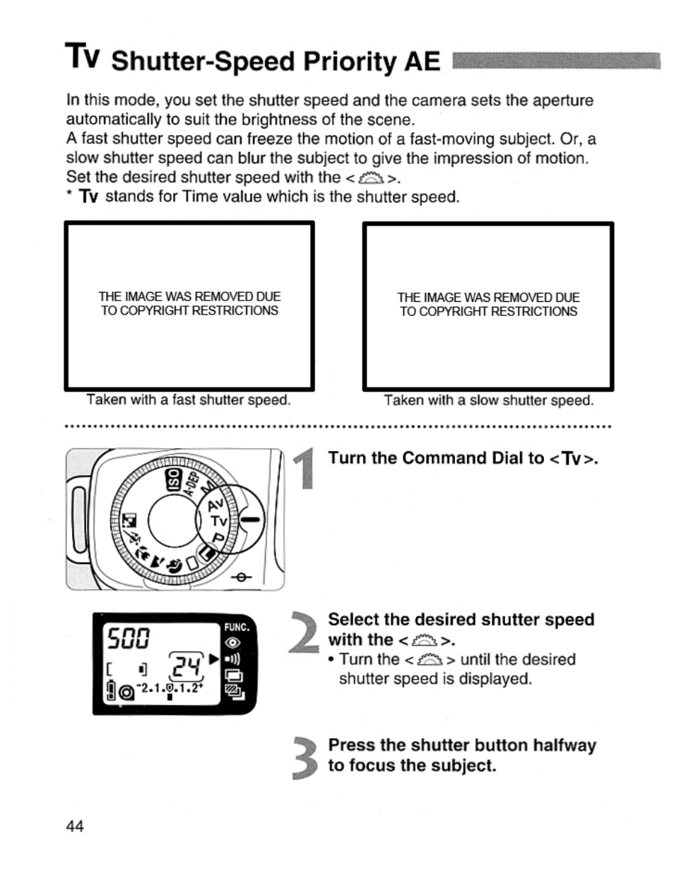Tv shutter-speed priority ae, Shutter-speed priority ae | Canon EOS Rebel 2000 User Manual | Page 44 / 76