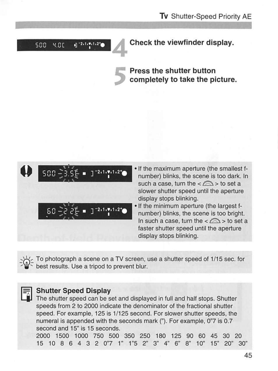 Shutter speed display | Canon EOS Rebel 2000 User Manual | Page 45 / 76