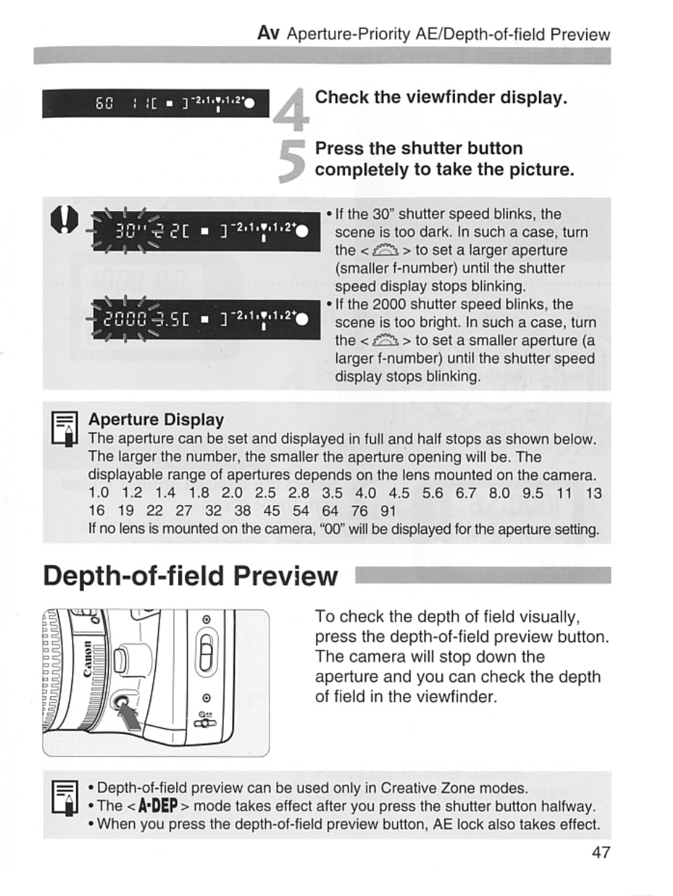Depth-of-field preview, Aperture display | Canon EOS Rebel 2000 User Manual | Page 47 / 76