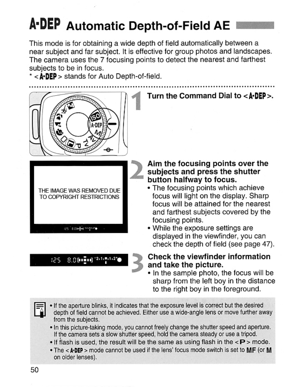 A'dep, Automatic depth-of-field ae | Canon EOS Rebel 2000 User Manual | Page 50 / 76