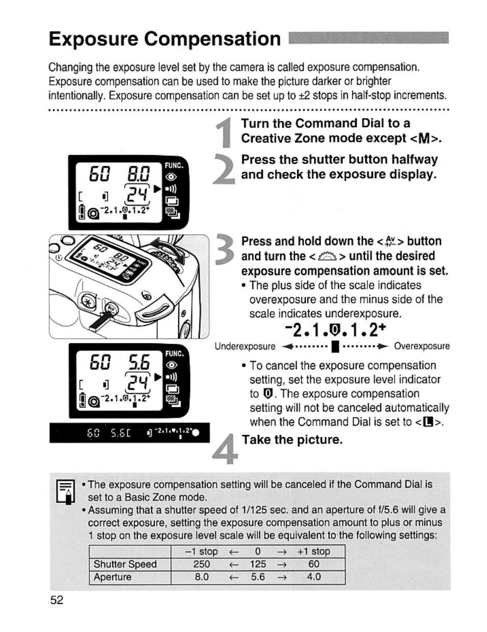 Exposure compensation | Canon EOS Rebel 2000 User Manual | Page 52 / 76