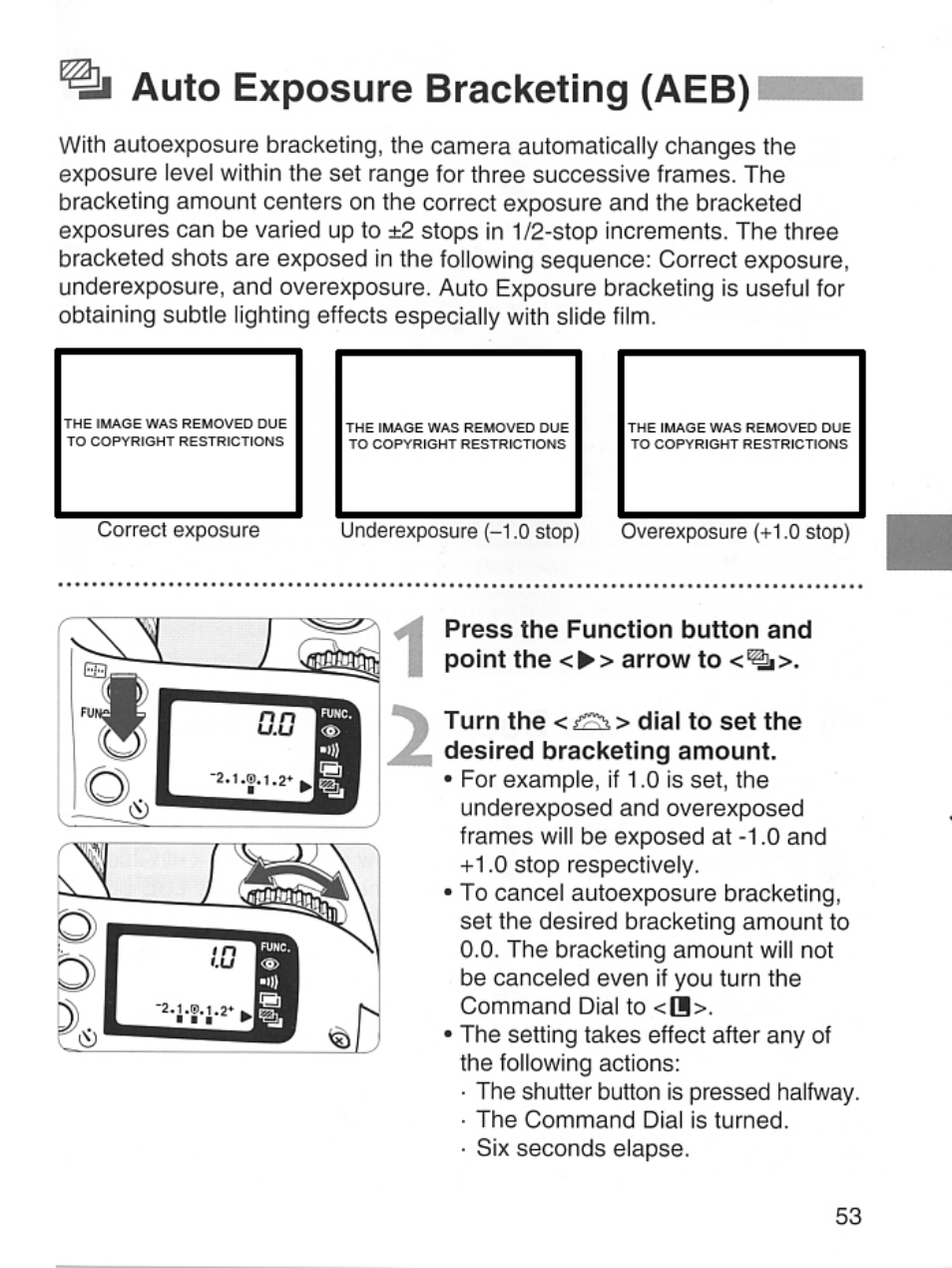 Auto exposure bracketing (aeb)l, Auto exposure bracketing (aeb) | Canon EOS Rebel 2000 User Manual | Page 53 / 76