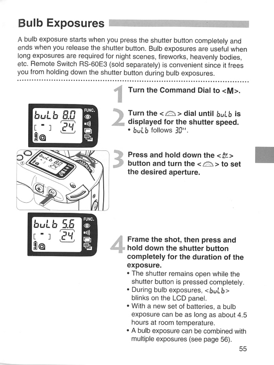 Bulb exposures | Canon EOS Rebel 2000 User Manual | Page 55 / 76