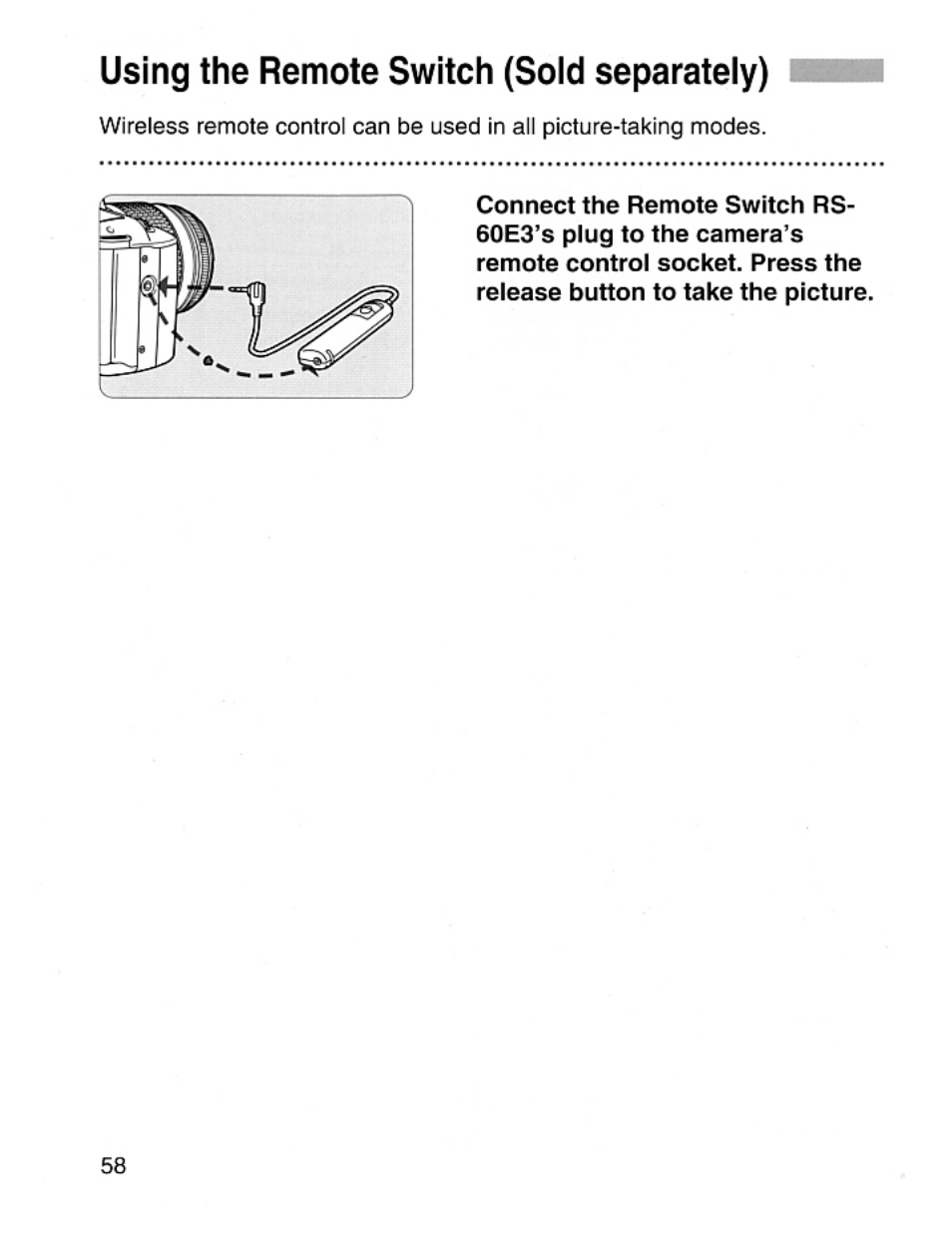 Using the remote switch (soid separately), Using the remote switch (sold separately) | Canon EOS Rebel 2000 User Manual | Page 58 / 76