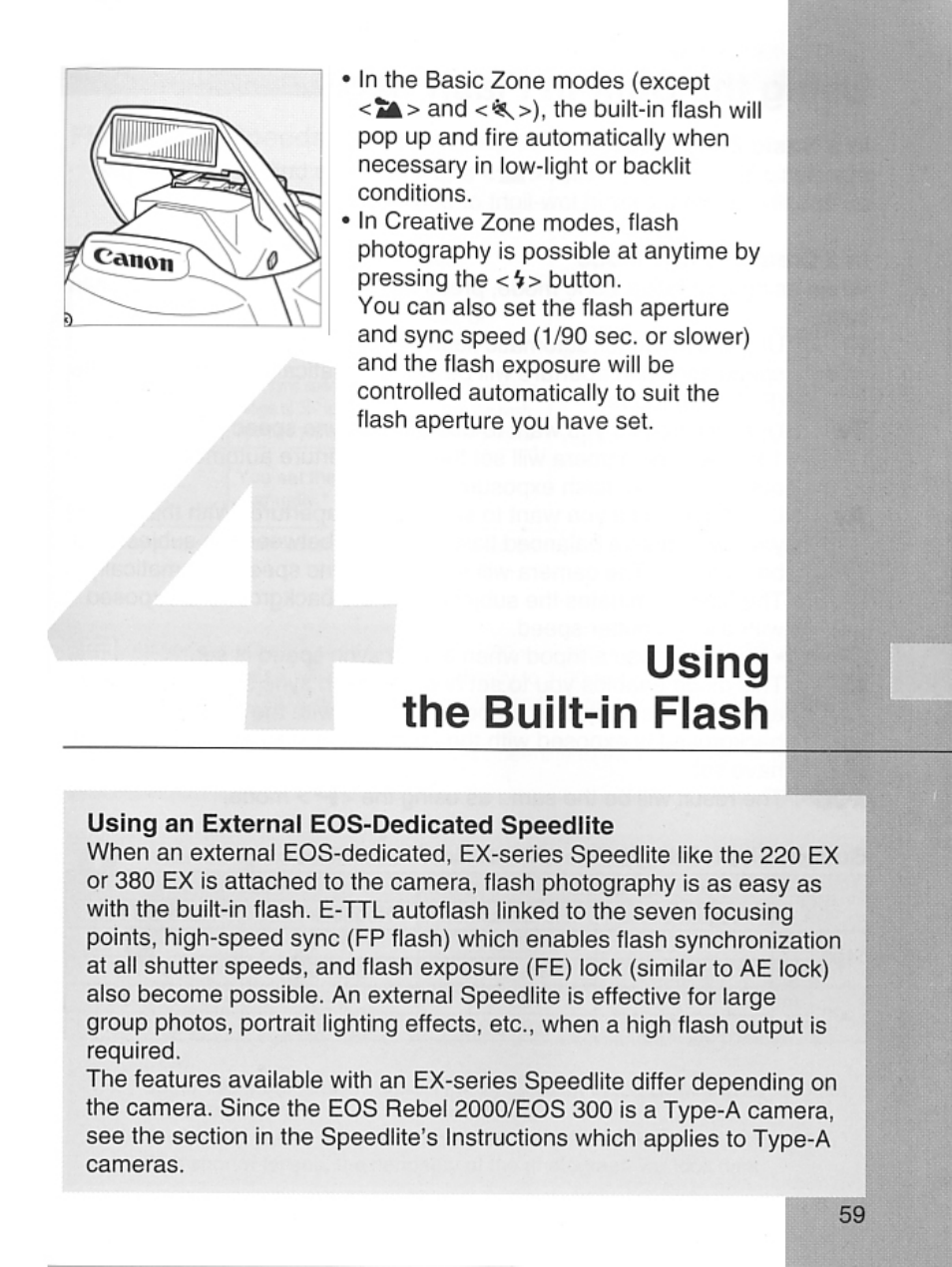 Using, The built-in flash, Using the built-in flash | Canon EOS Rebel 2000 User Manual | Page 59 / 76