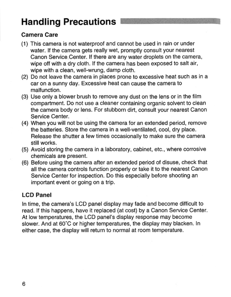 Handling precautions, Camera care, Lcd panel | Canon EOS Rebel 2000 User Manual | Page 6 / 76