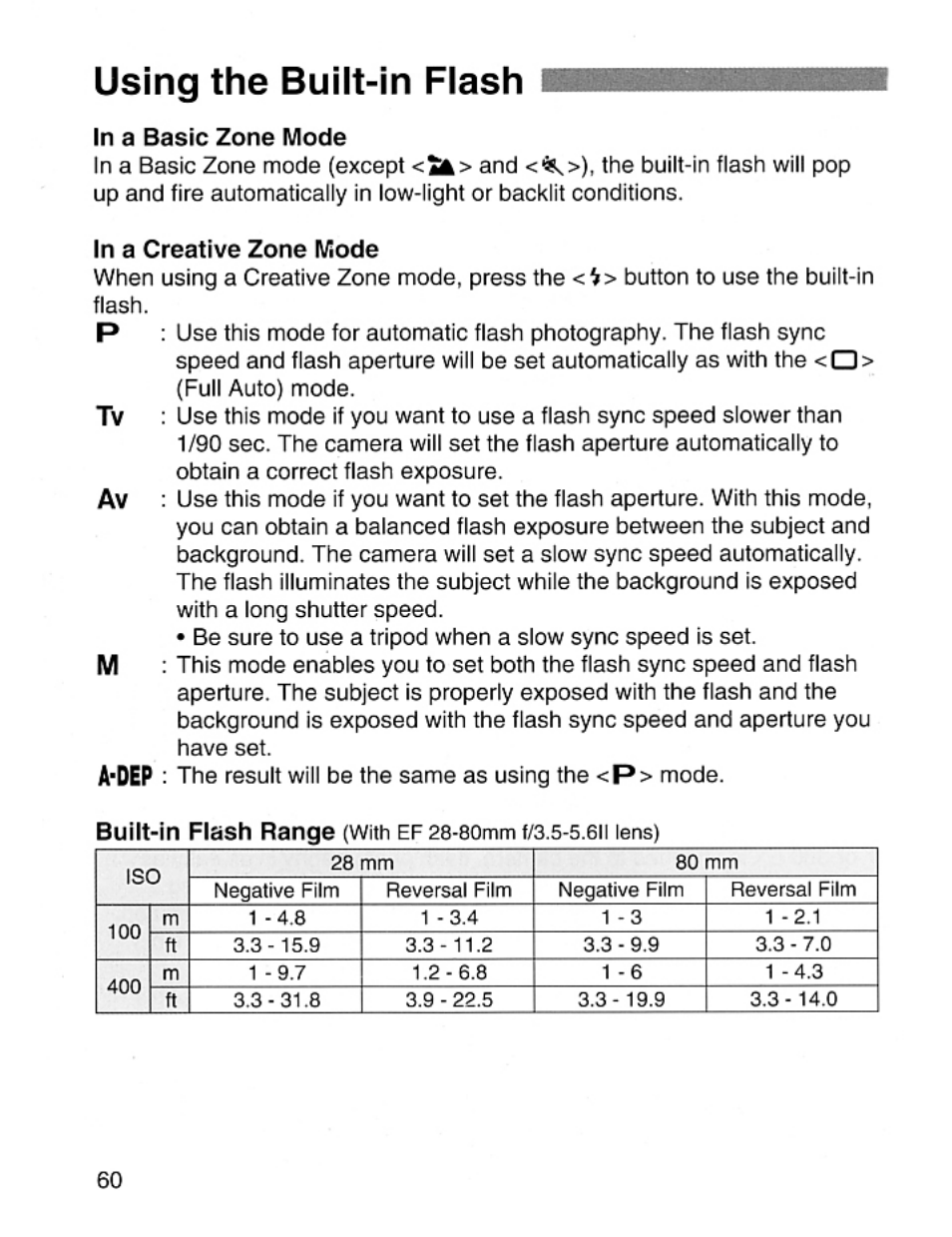 Using the built-in flash, Built-in fiash range | Canon EOS Rebel 2000 User Manual | Page 60 / 76