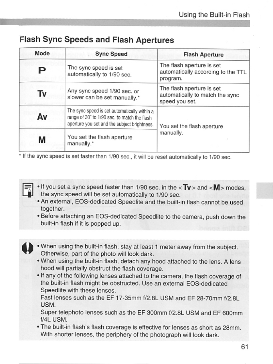 Flash sync speeds and flash apertures | Canon EOS Rebel 2000 User Manual | Page 61 / 76