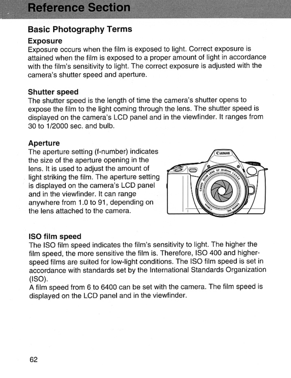 Basic photography terms exposure, Basic photography terms | Canon EOS Rebel 2000 User Manual | Page 62 / 76