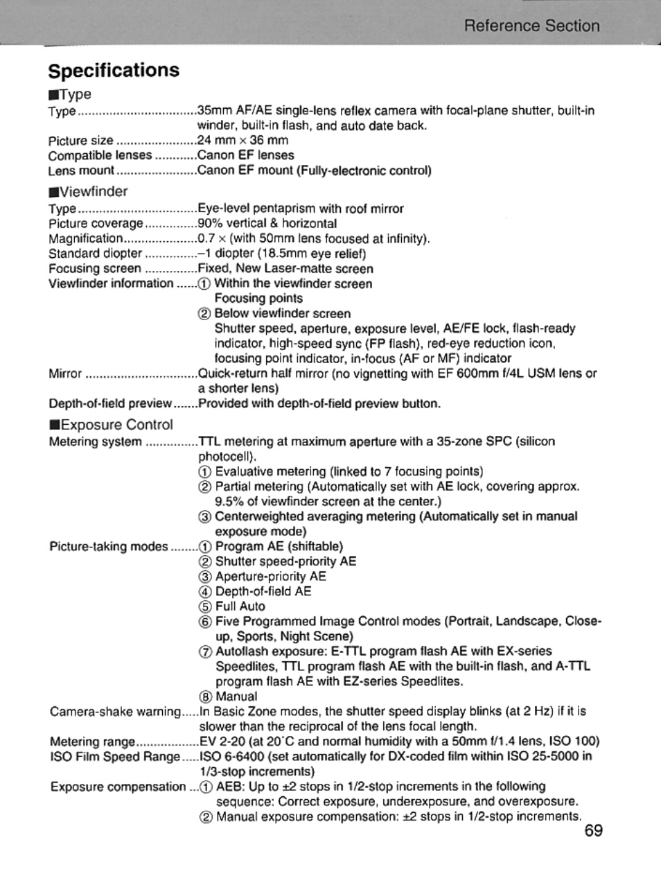 Specifications | Canon EOS Rebel 2000 User Manual | Page 69 / 76
