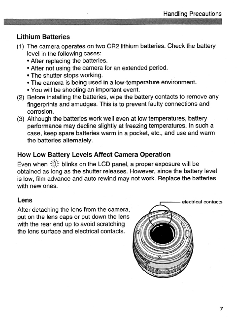 Lithium batteries, How low battery levels affect camera operation, Lens | Canon EOS Rebel 2000 User Manual | Page 7 / 76