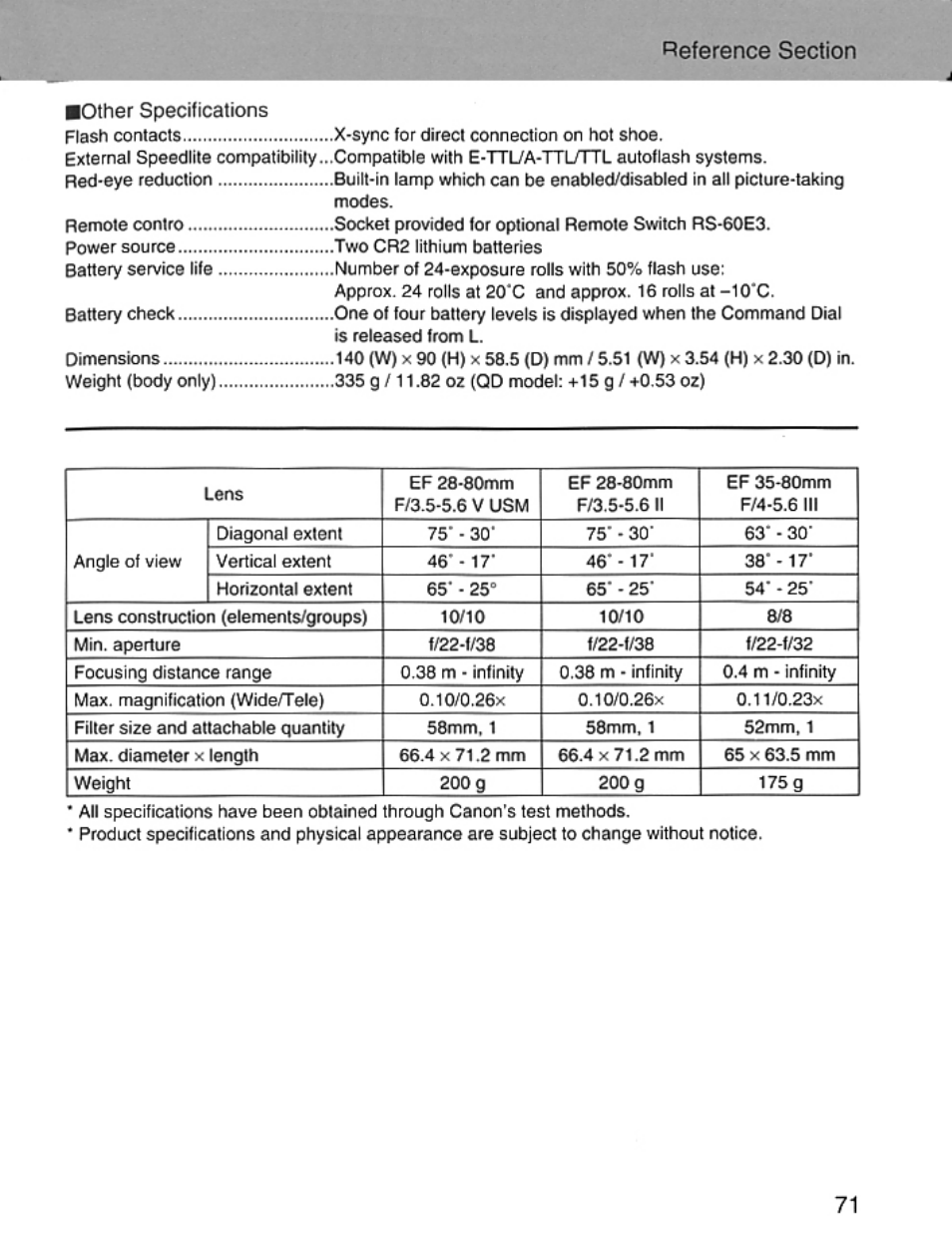 Pother specifications | Canon EOS Rebel 2000 User Manual | Page 71 / 76