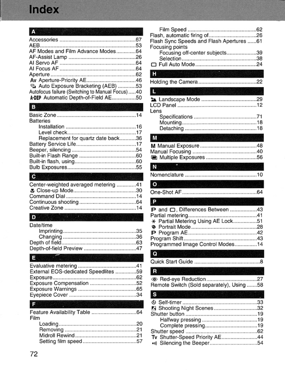 Index | Canon EOS Rebel 2000 User Manual | Page 72 / 76
