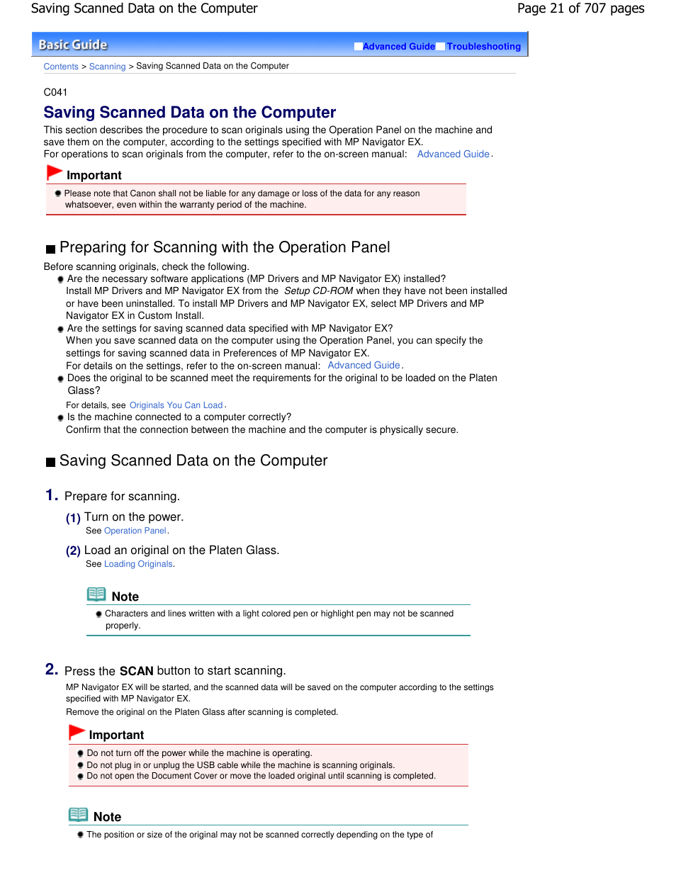 Saving scanned data on the computer, Preparing for scanning with the operation panel | Canon mp280 User Manual | Page 21 / 707