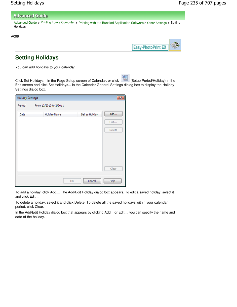 Setting holidays | Canon mp280 User Manual | Page 235 / 707