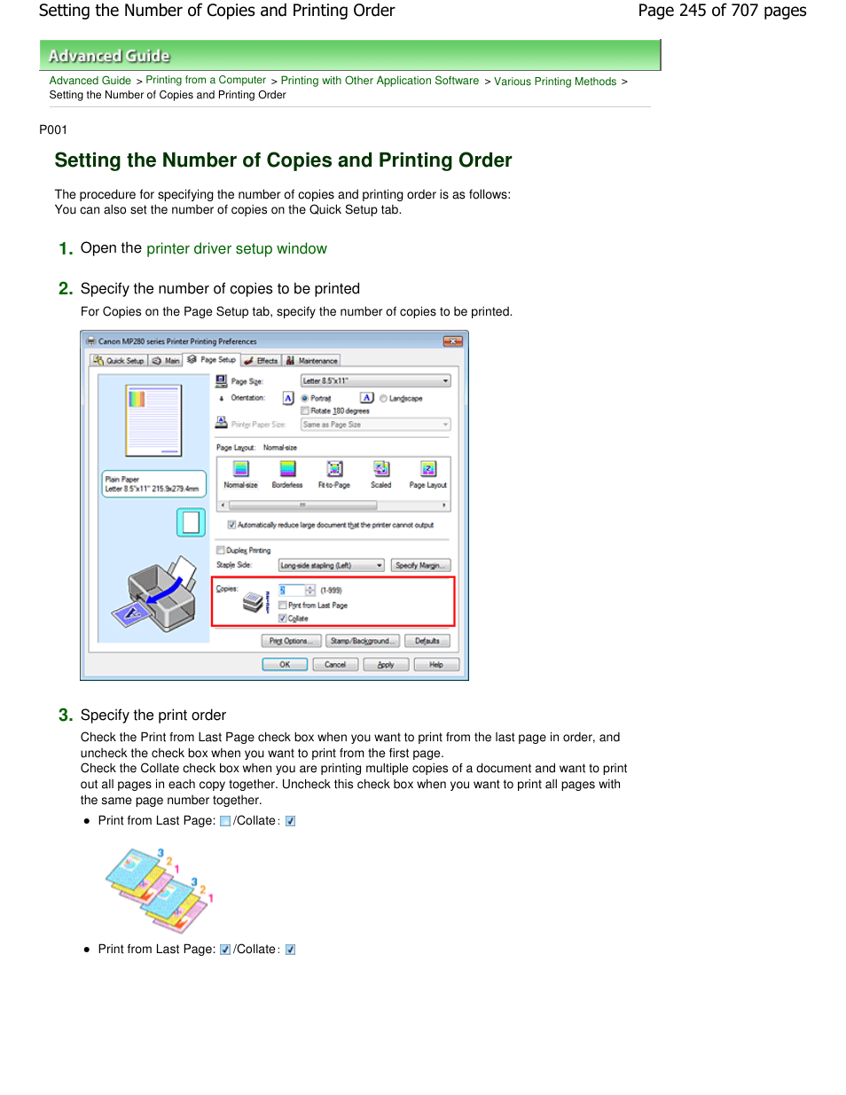 Setting the number of copies and printing order | Canon mp280 User Manual | Page 245 / 707