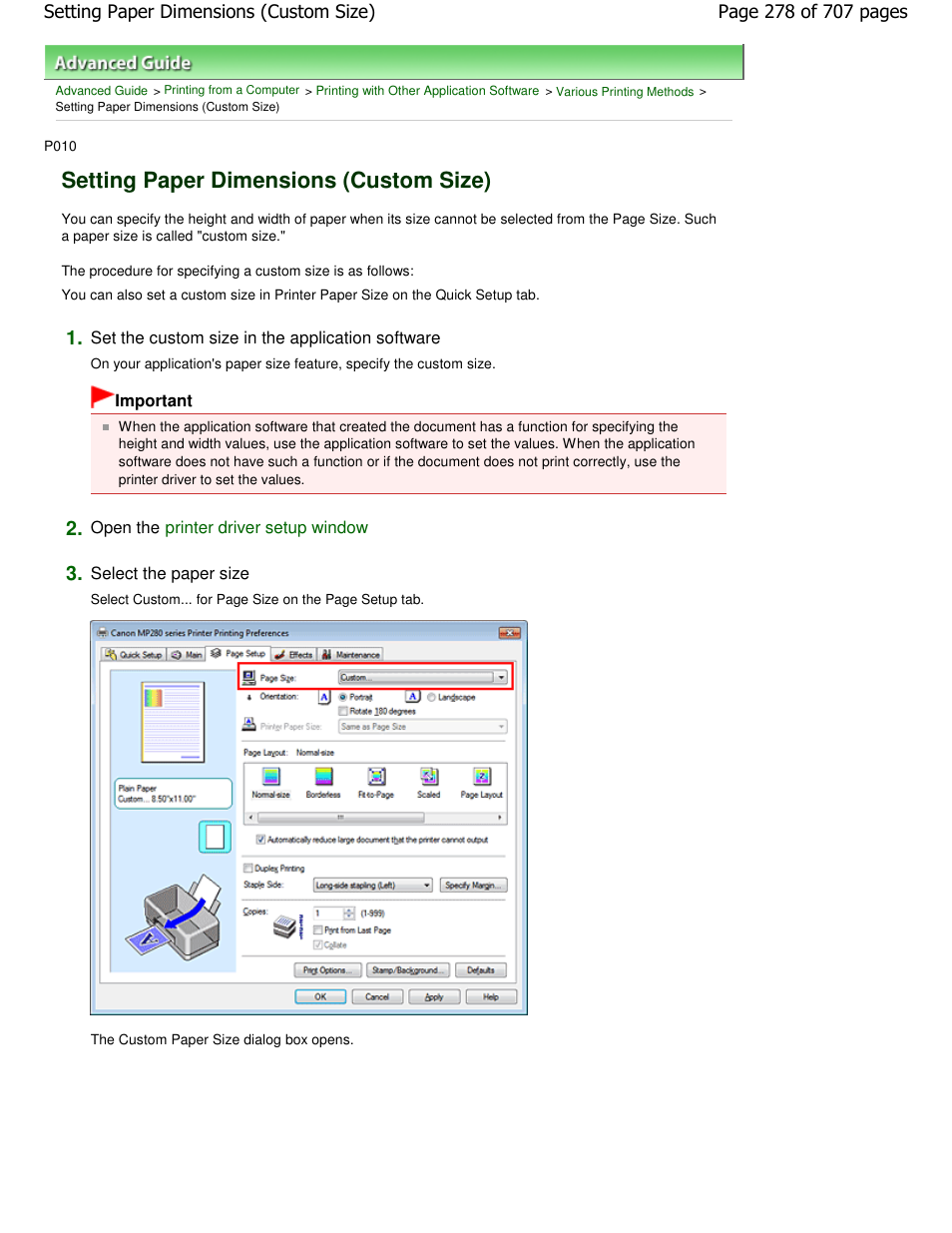 Setting paper dimensions (custom size) | Canon mp280 User Manual | Page 278 / 707