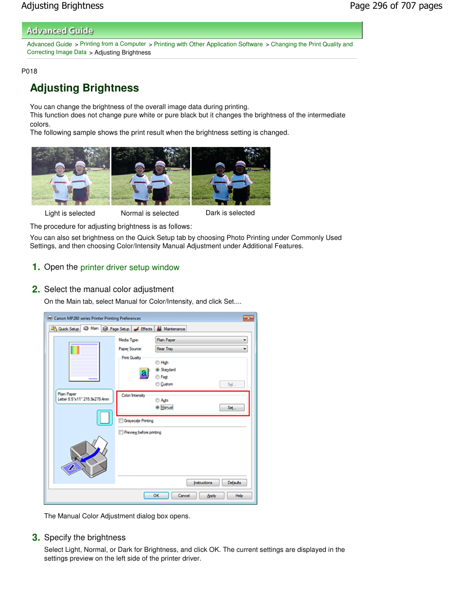 Adjusting brightness | Canon mp280 User Manual | Page 296 / 707