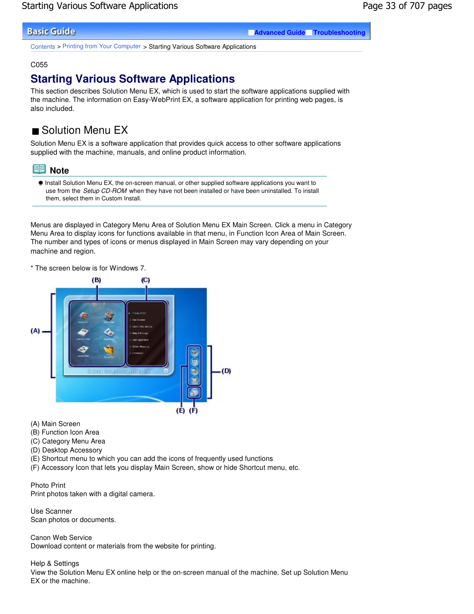Starting various software applications, Solution menu ex | Canon mp280 User Manual | Page 33 / 707
