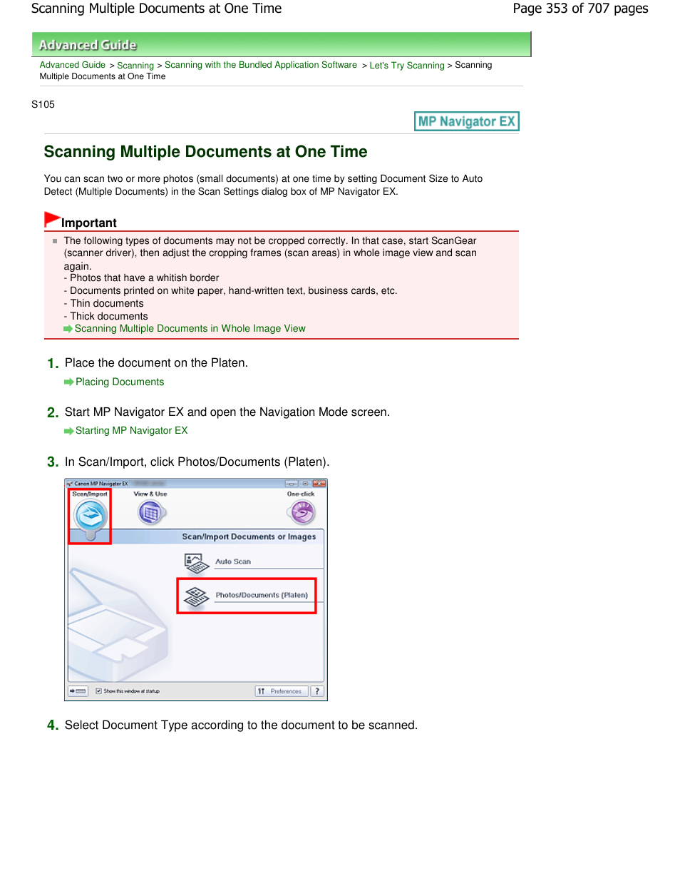 Scanning multiple documents at one time | Canon mp280 User Manual | Page 353 / 707