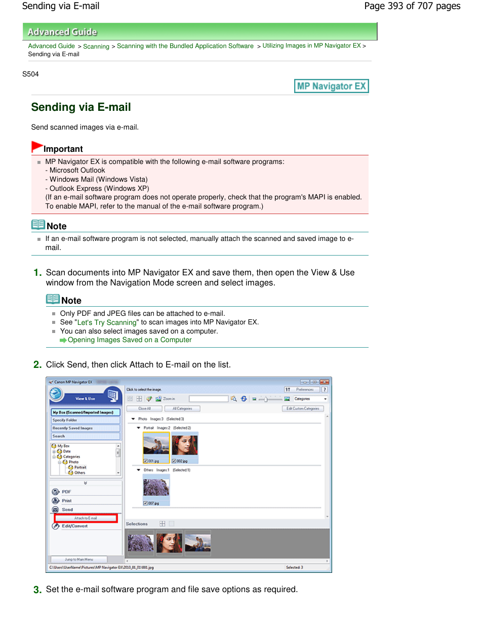 Sending via e-mail | Canon mp280 User Manual | Page 393 / 707