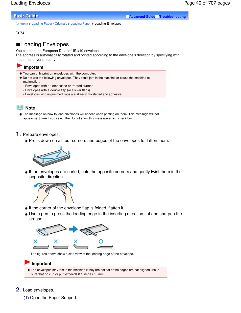 Loading envelopes | Canon mp280 User Manual | Page 40 / 707