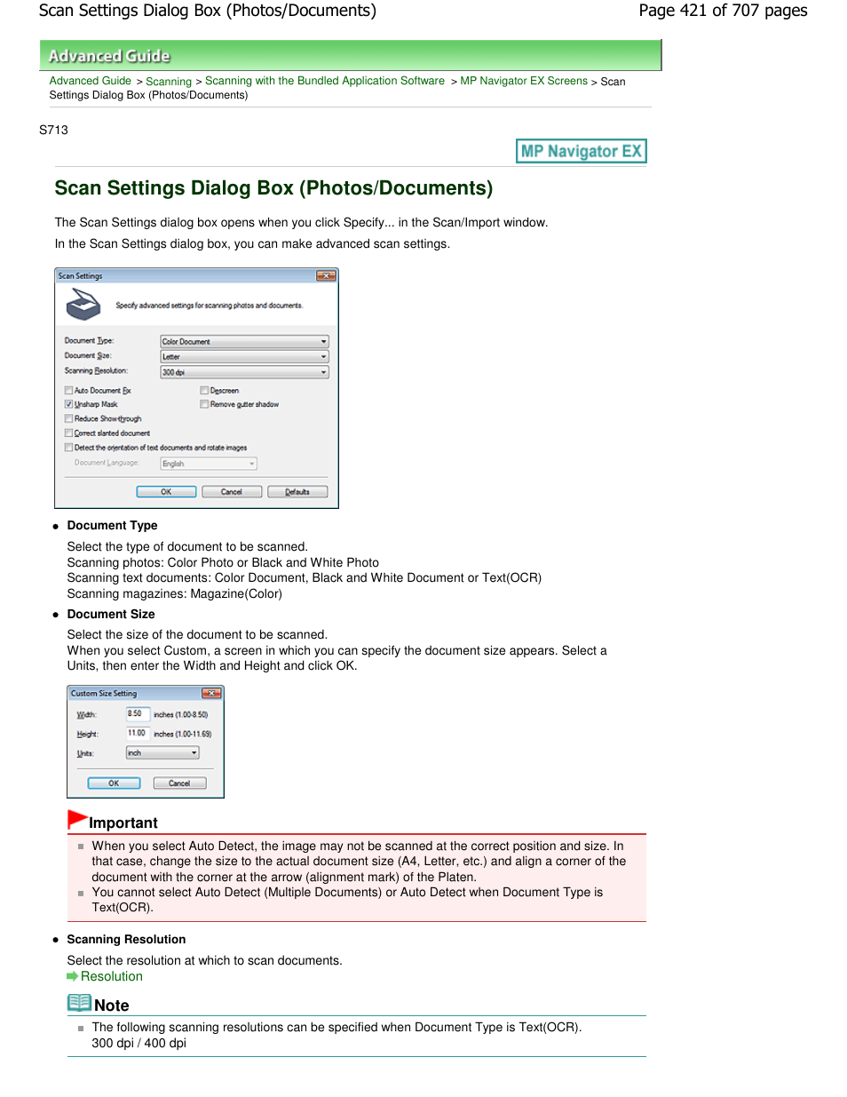 Scan settings dialog box (photos/documents) | Canon mp280 User Manual | Page 421 / 707