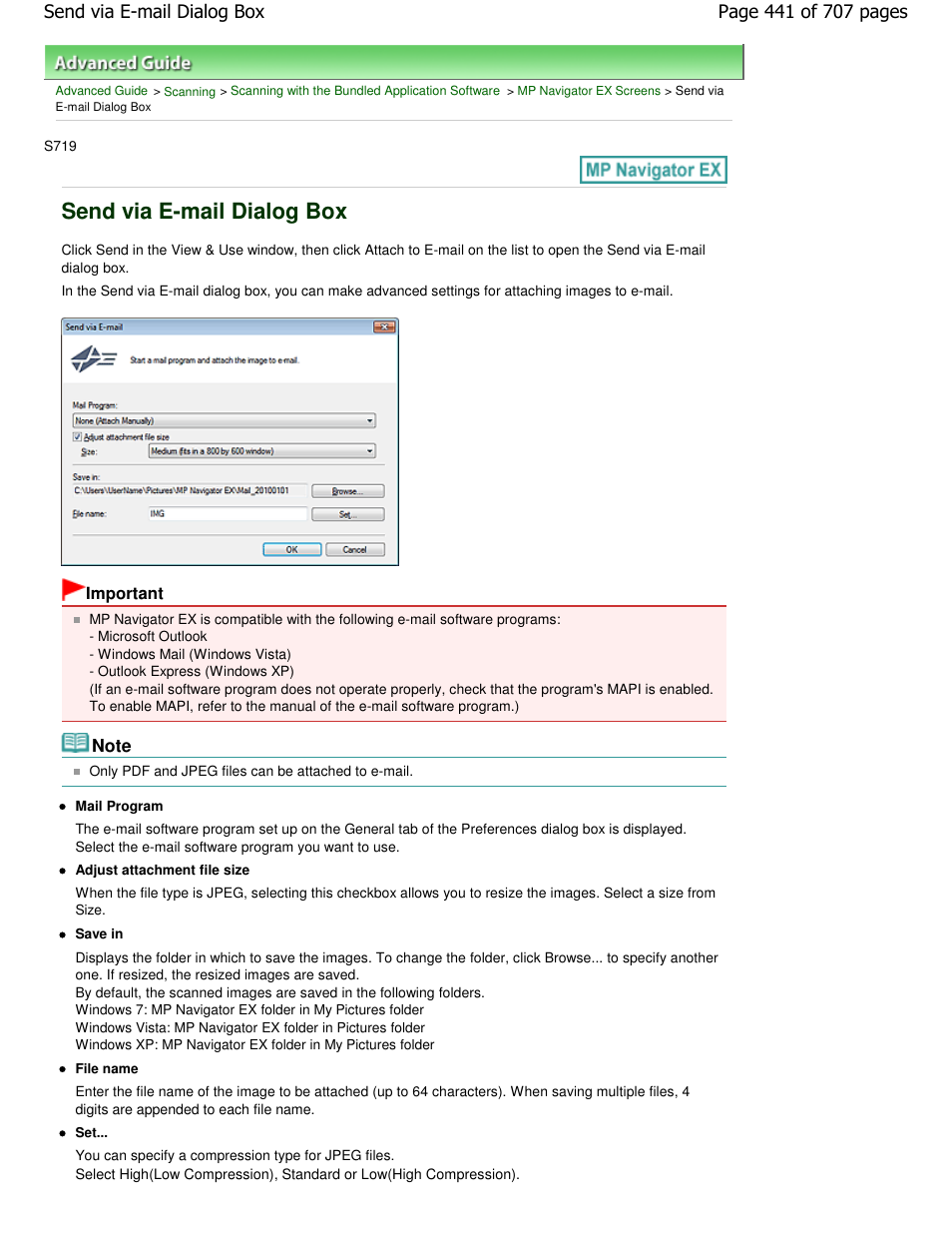 Send via e-mail dialog box | Canon mp280 User Manual | Page 441 / 707