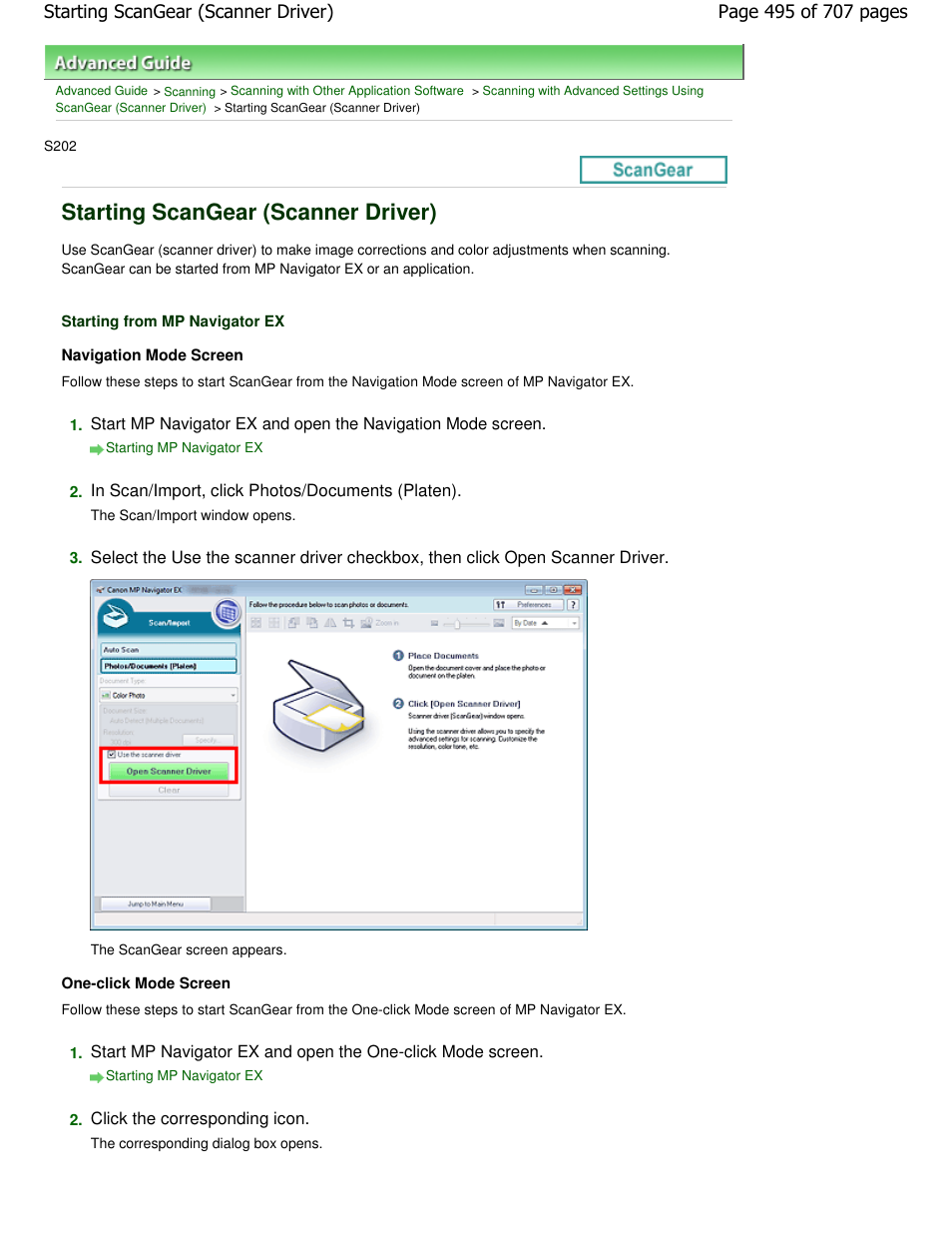 Starting scangear (scanner driver) | Canon mp280 User Manual | Page 495 / 707