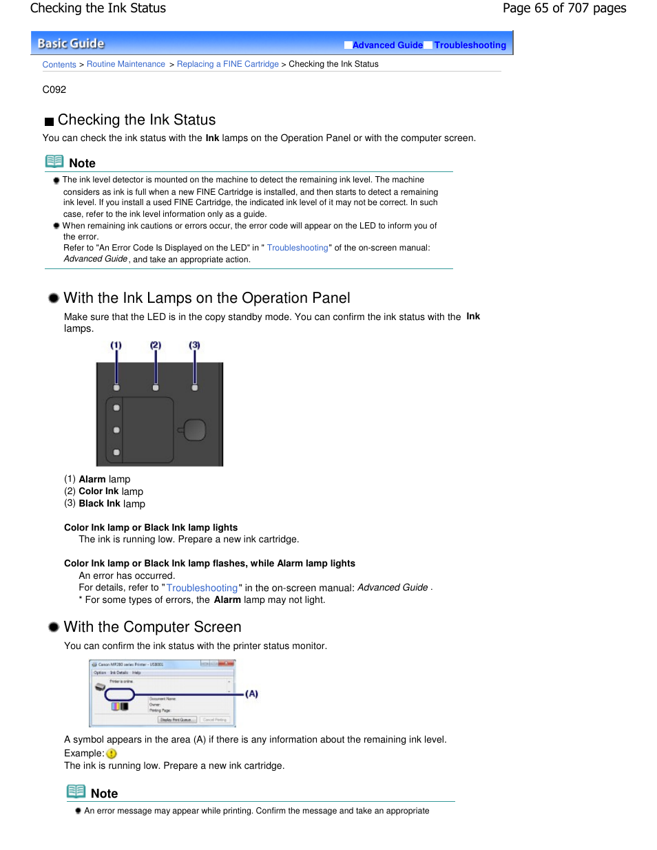 Checking the ink status, With the ink lamps on the operation panel, With the computer screen | Canon mp280 User Manual | Page 65 / 707