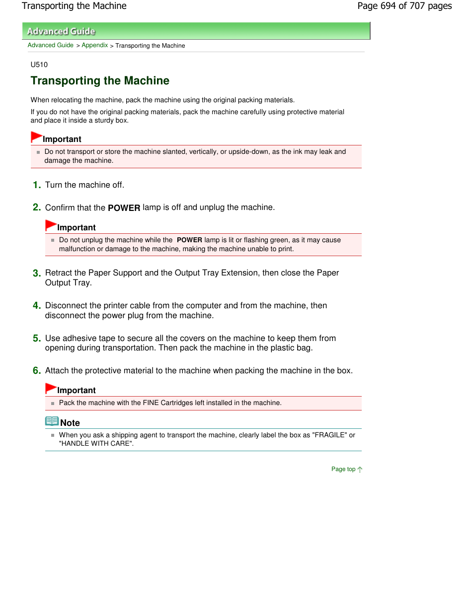 Transporting the machine | Canon mp280 User Manual | Page 694 / 707