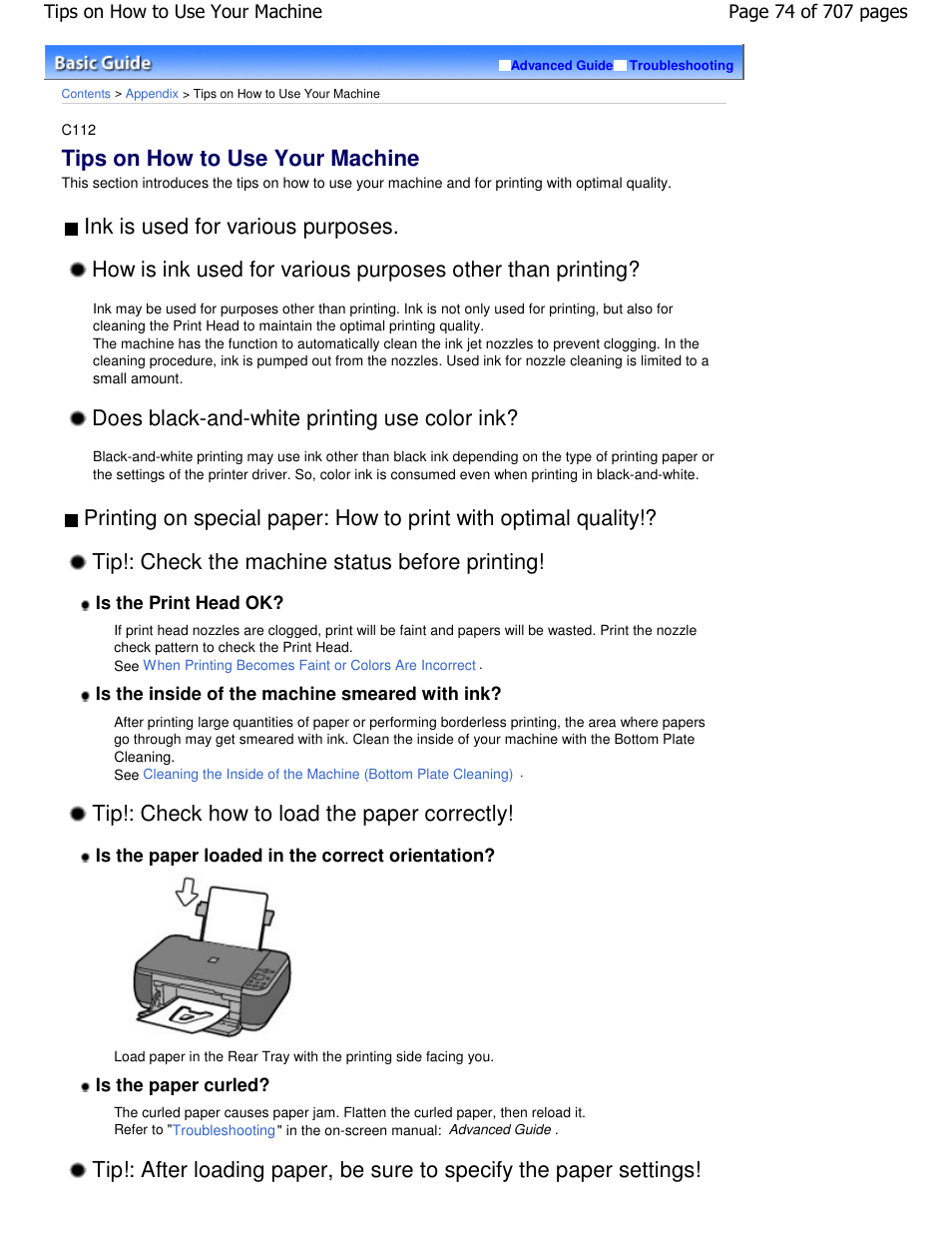 Tips on how to use your machine, Does black-and-white printing use color ink, Tip!: check how to load the paper correctly | Canon mp280 User Manual | Page 74 / 707