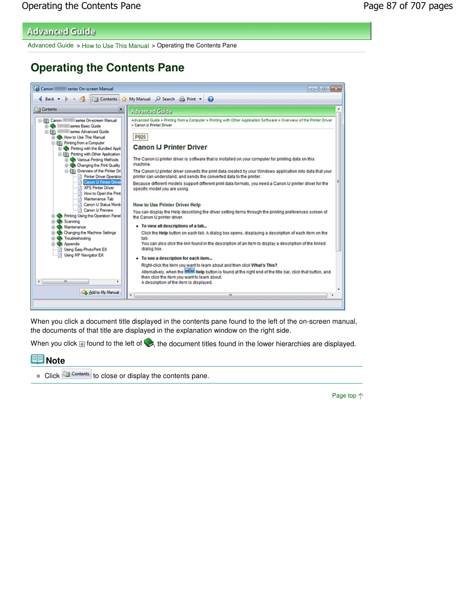 Operating the contents pane | Canon mp280 User Manual | Page 87 / 707