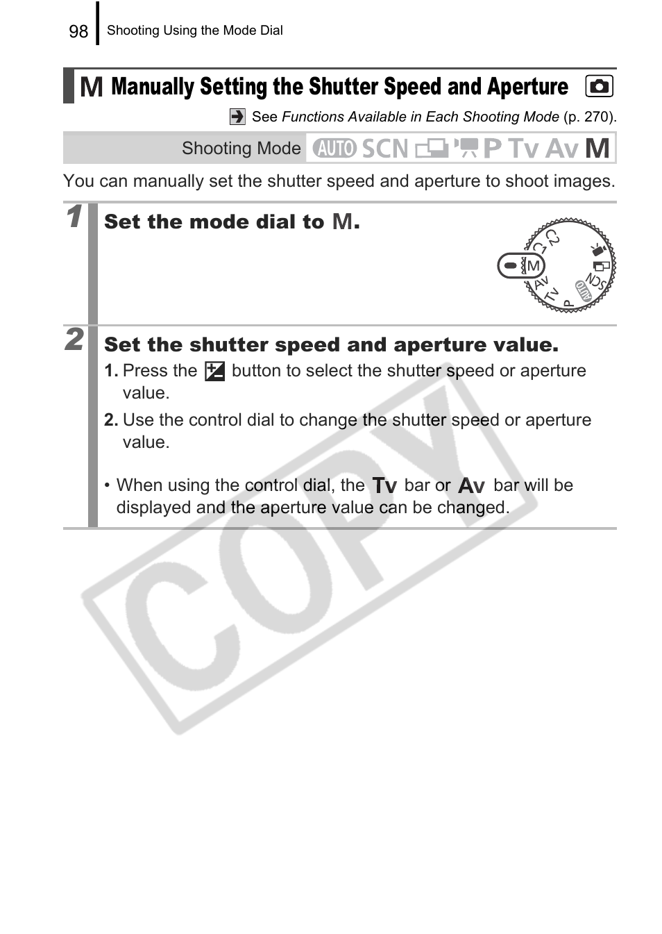 Manually setting the shutter speed and aperture | Canon PowerShot G9 User Manual | Page 100 / 275