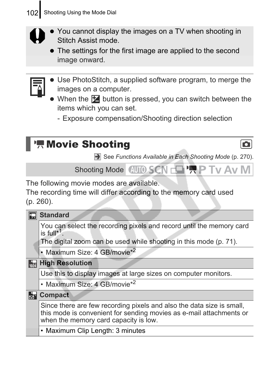 Movie shooting | Canon PowerShot G9 User Manual | Page 104 / 275